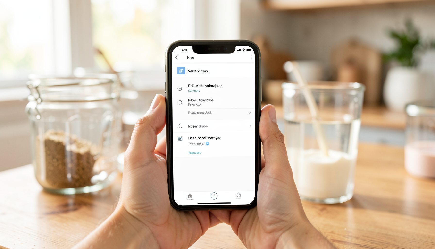 A smartphone held in hand displaying a clean refill-ordering interface, set against a bright kitchen background with reusable glass containers on a wooden counter. Warm natural light, soft neutral tones, and a calm domestic atmosphere.
