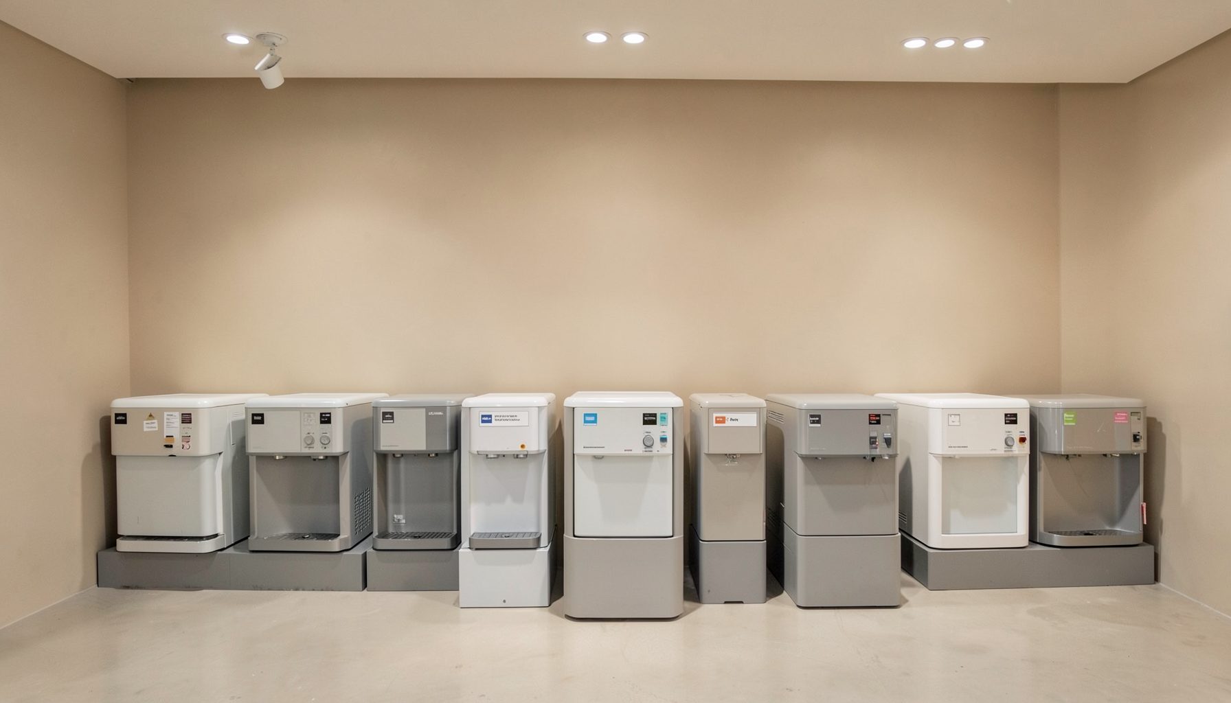 A row of bulk dispensers with simple labels in a minimalist store interior, soft overhead lighting and neutral beige walls