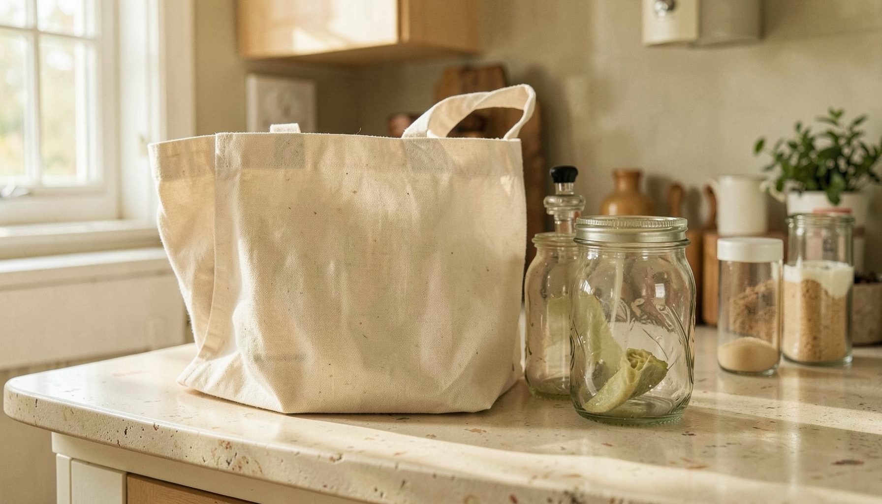 Reusable fabric tote and glass jars on a kitchen counter, warm morning light, soft cream and olive tones, lived-in feel
