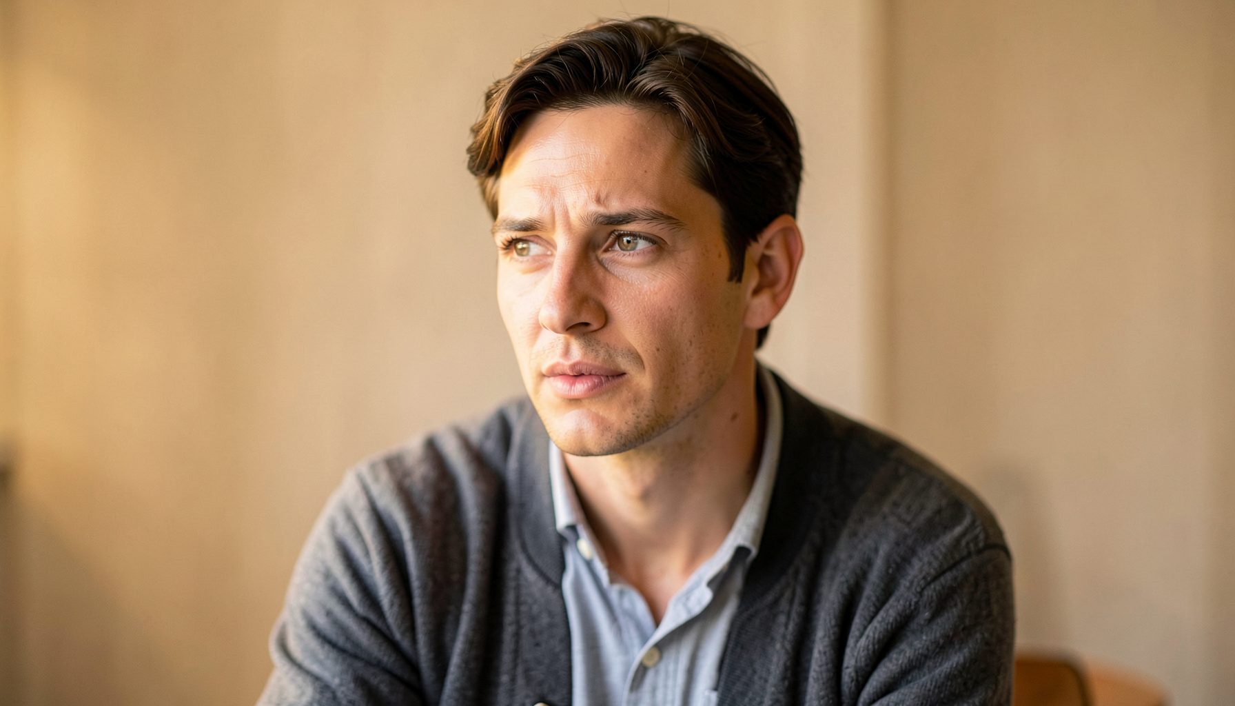Portrait of a person with an engaged, thoughtful look, warm ambient light, simple background, casual professional feel