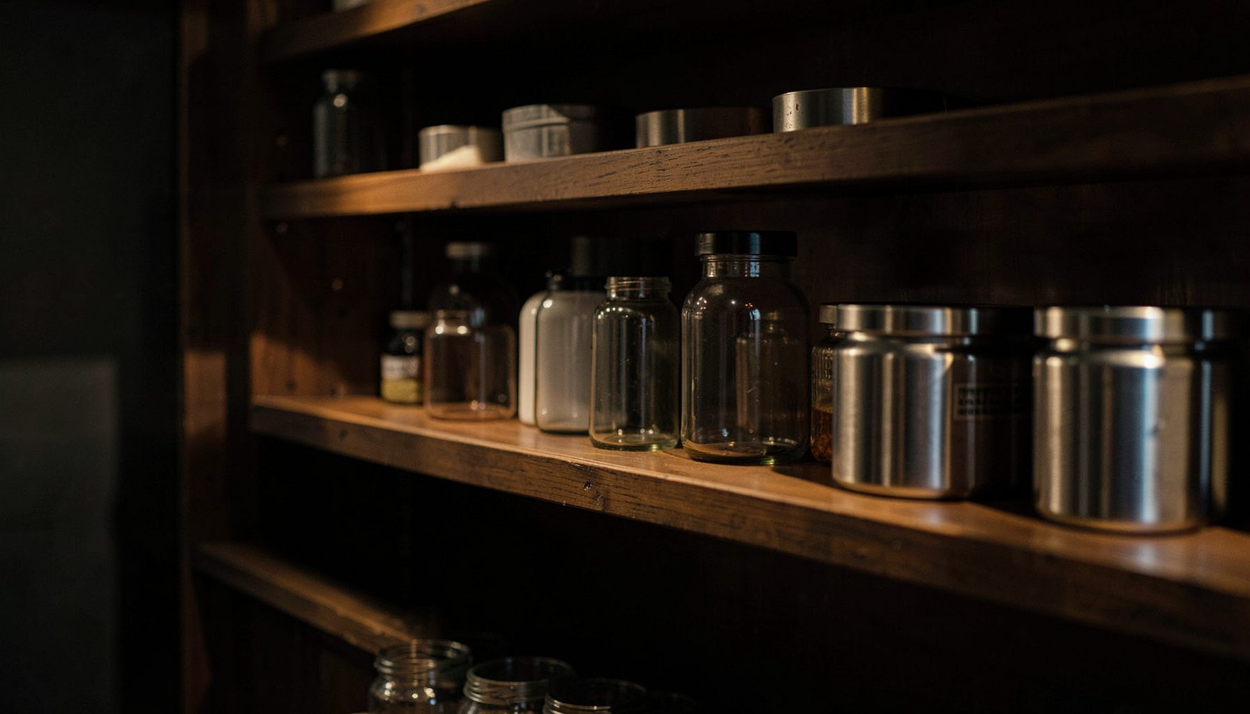 A dimly lit refill station with reusable glass and metal containers on wooden shelves, warm amber and charcoal tones, calm and purposeful atmosphere