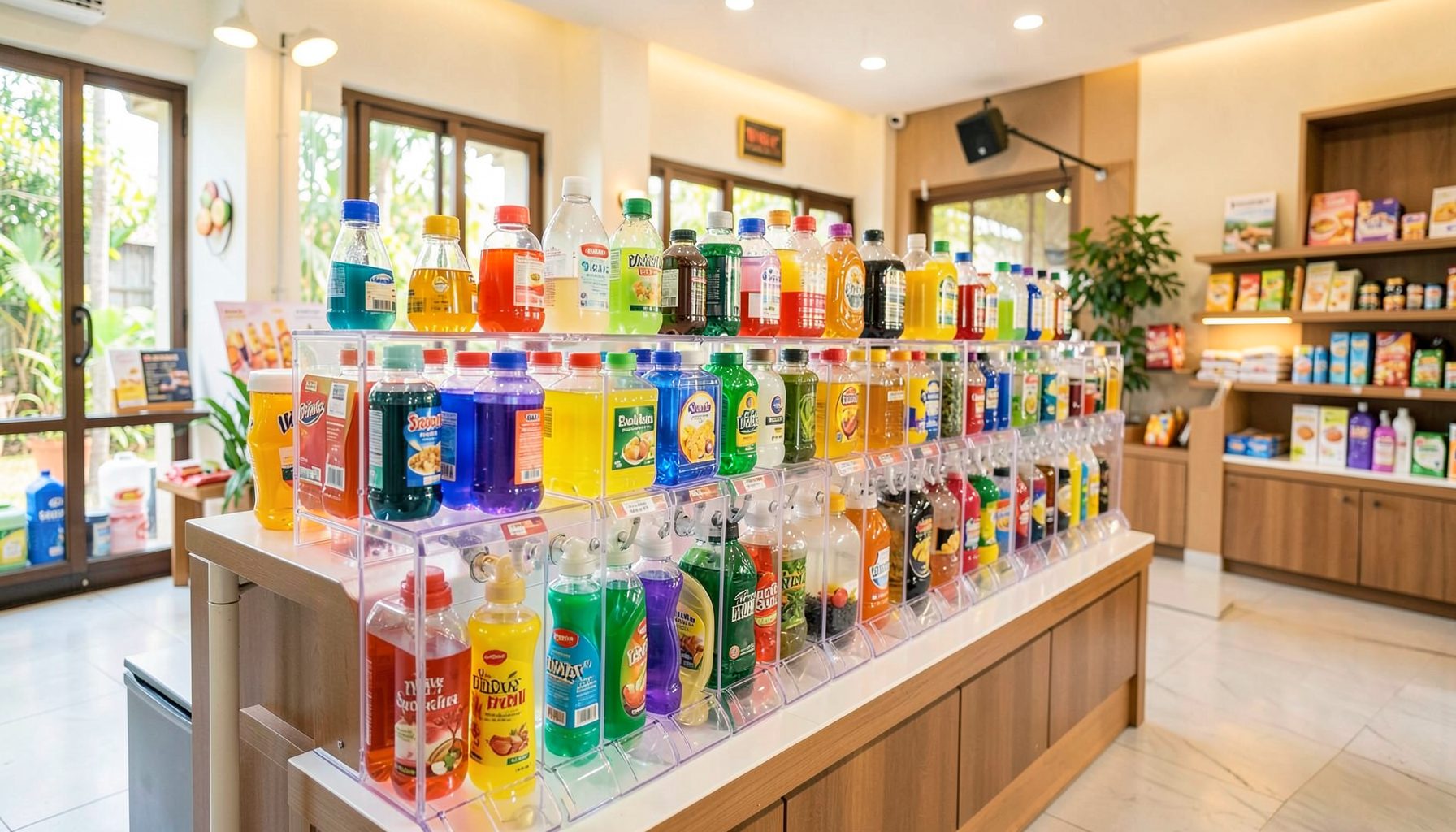A bright refill station with rows of clear dispensers filled with colorful household liquids, set in a clean modern Indonesian retail space with warm natural light.