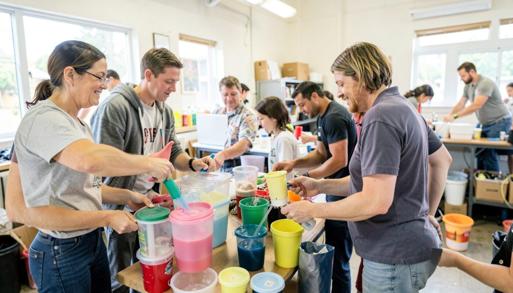 A community workshop scene with people filling containers at a refill station, bright and engaged atmosphere.