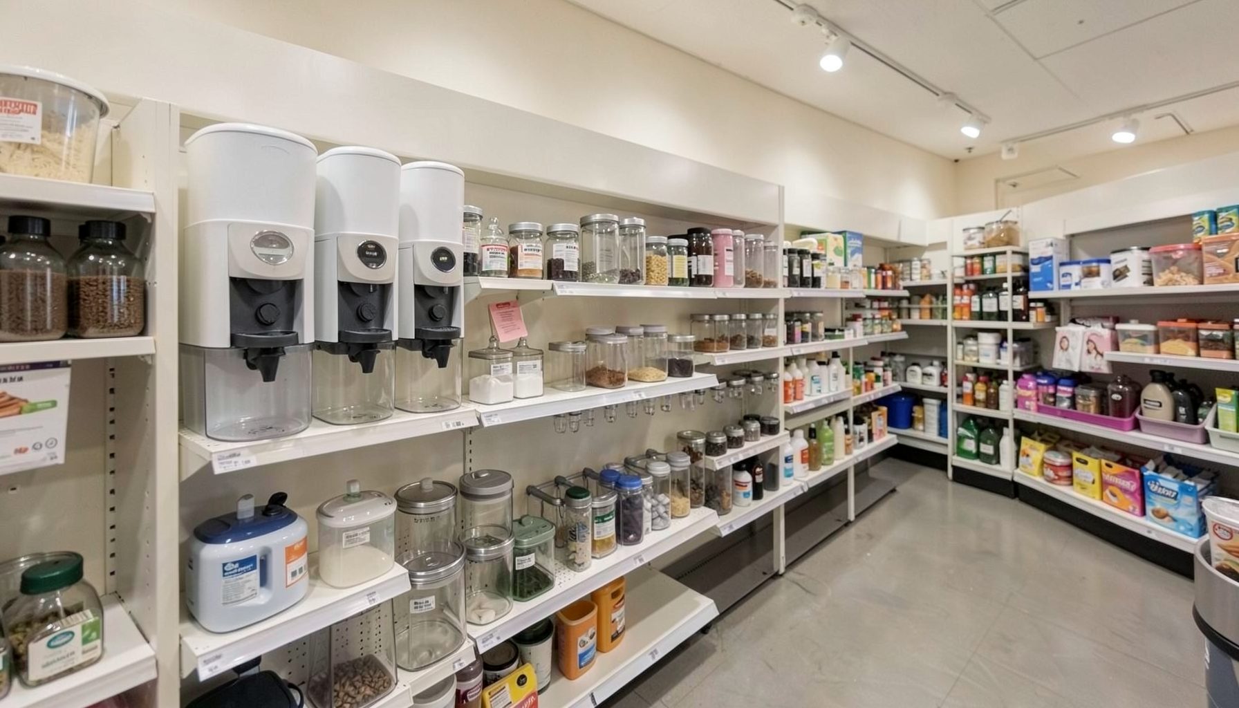 A tidy in-store refill aisle with wall-mounted dispensers and glass containers of various sizes, soft overhead lighting.