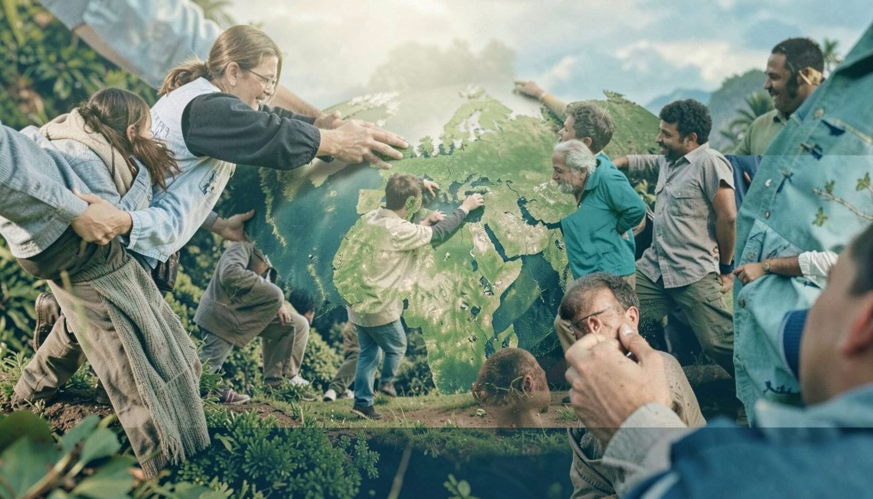 A partnership-focused visual with earthy greens and blues suggesting global sustainability collaboration