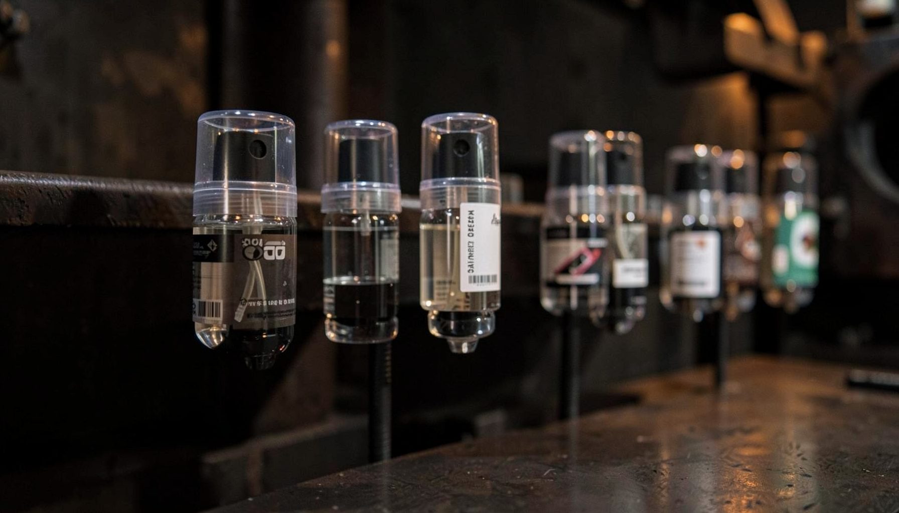 Row of refill taps with clear product labels, dark industrial backdrop with warm accent lighting, deep browns and grays
