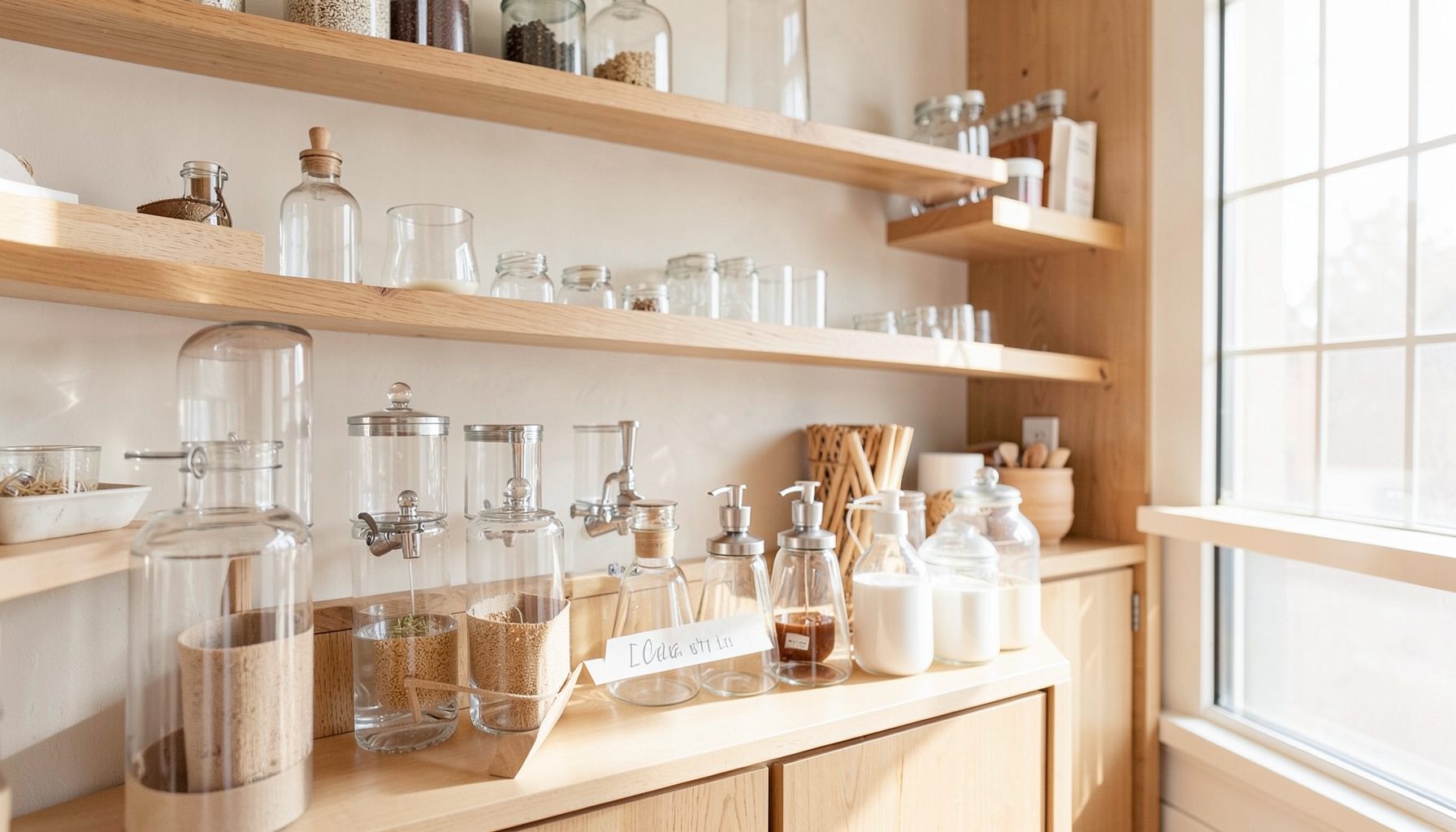 A bright, airy refill station interior with reusable glass dispensers and natural wood shelving, warm neutral tones and soft daylight