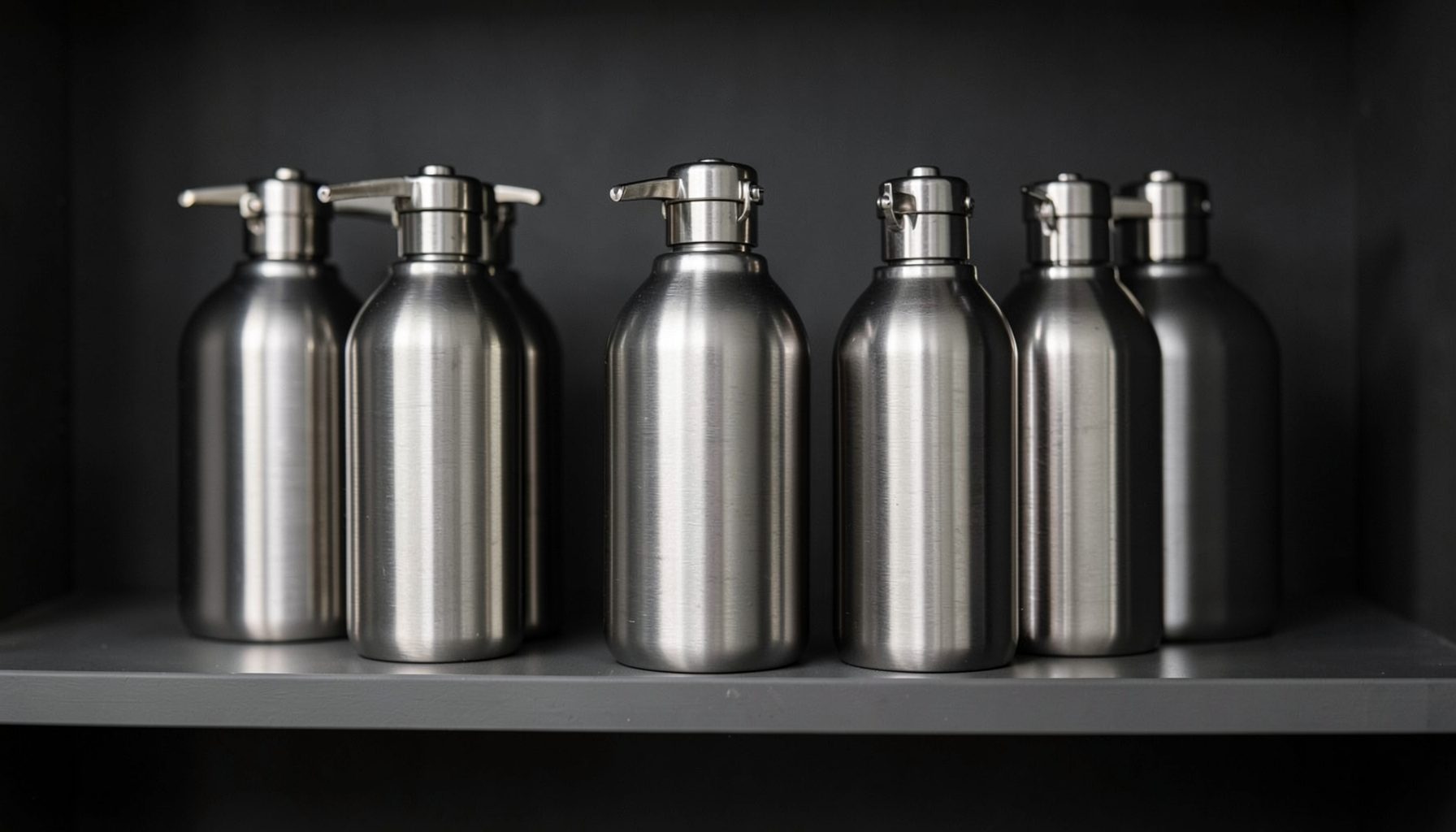 Stainless steel pump bottles lined up on a shelf, muted charcoal background with soft highlights, modern utilitarian feel
