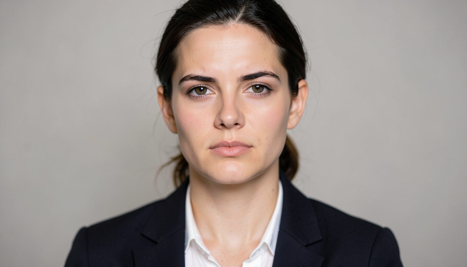 Portrait of a person with a calm, determined gaze, soft even lighting, plain backdrop, understated professional look