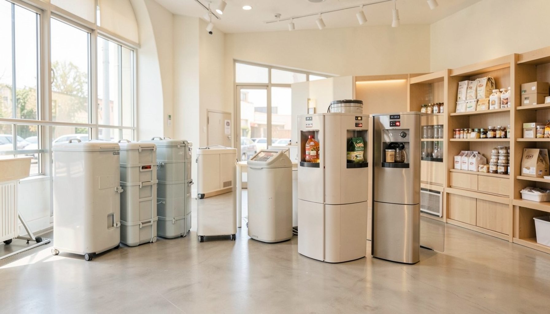 A wide atmospheric shot of reusable containers and refill dispensers in a bright modern retail setting, with soft natural light and warm neutral tones