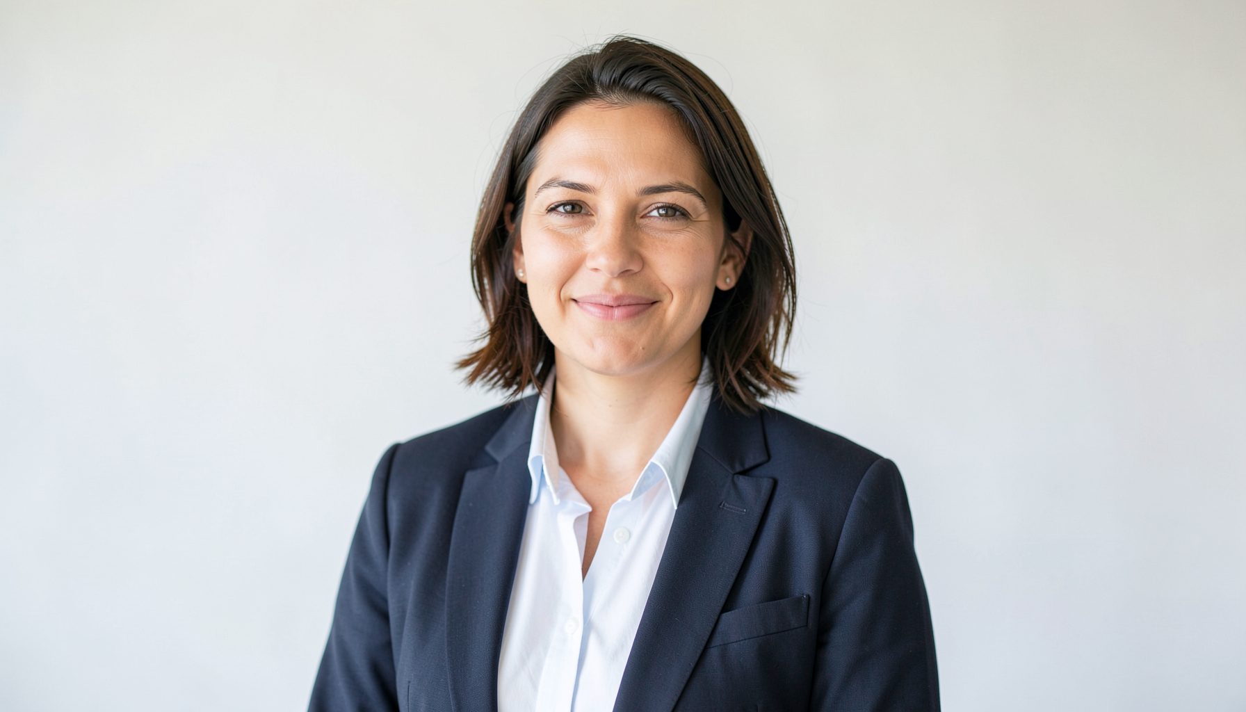 Portrait of a person smiling gently, diffused daylight, clean minimalist backdrop, relaxed professional attire