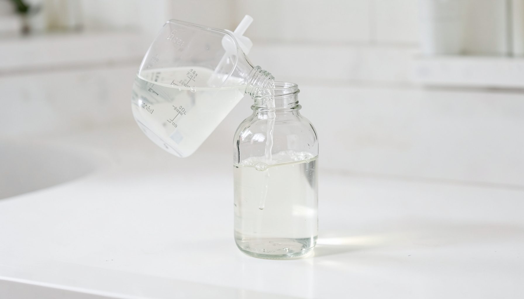 A clear dispenser pouring liquid soap into a reusable glass bottle, set against a clean white countertop
