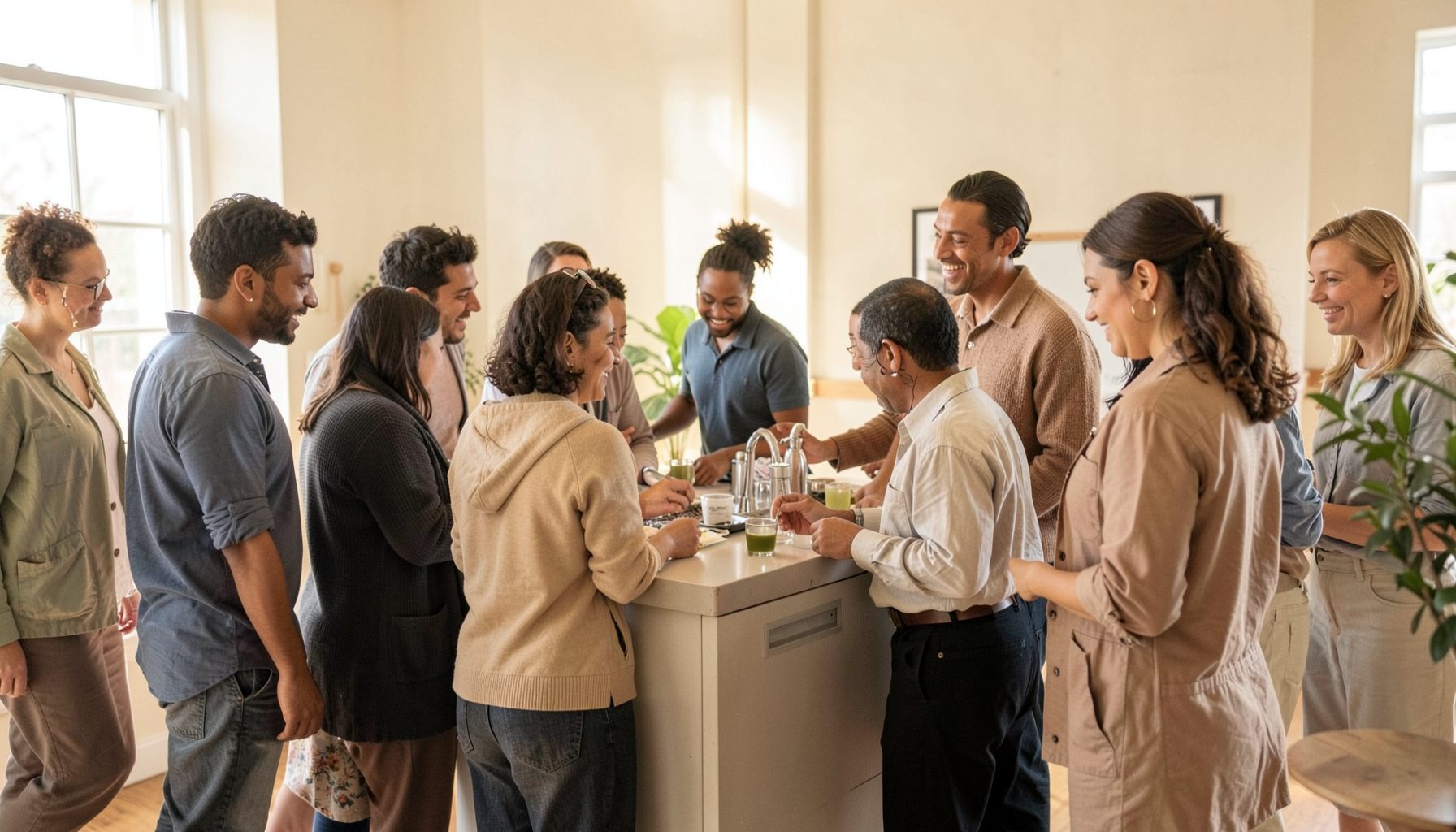 A diverse group of people gathered around a refill station in a bright, airy space, warm natural light, neutral earth tones with accents of green, collaborative and optimistic mood