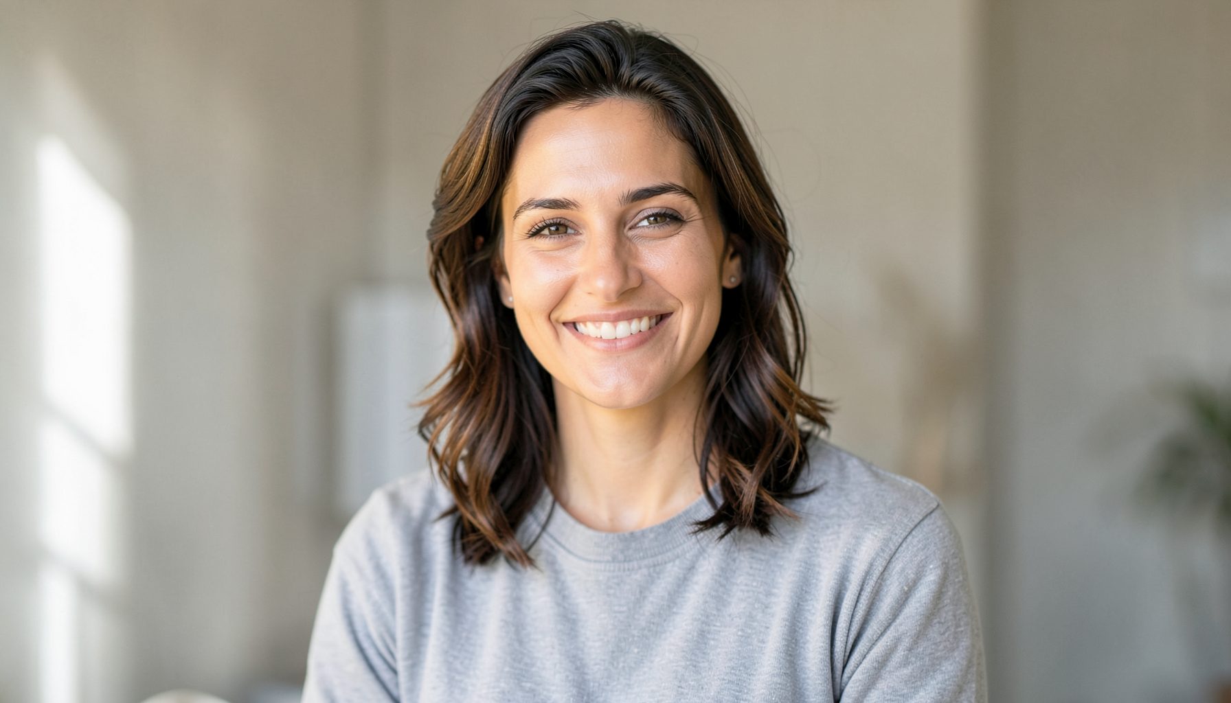 Portrait of a person with a confident, friendly expression, natural side light, uncluttered setting, modern casual style