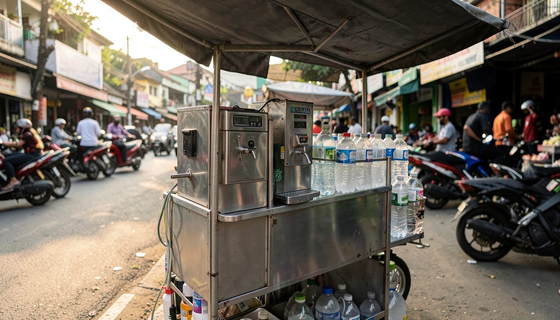 A mobile refill cart on a Jakarta street, with stainless steel dispensers and reusable bottles lined up under a canopy, warm afternoon light.