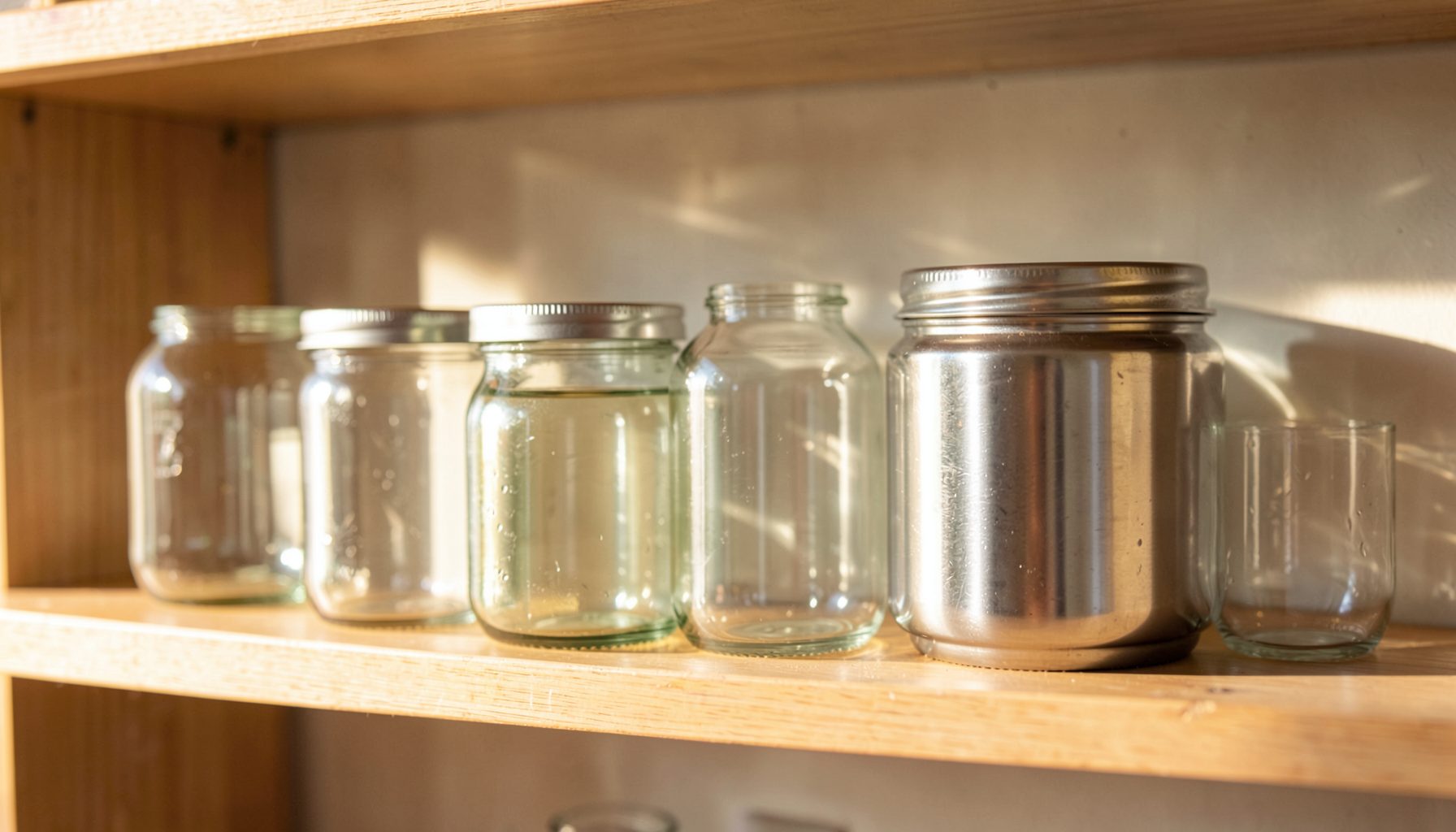 A warm, sunlit scene of reusable glass and metal containers lined up on a wooden shelf, with soft natural light casting gentle shadows. The mood is calm, clean, and hopeful.