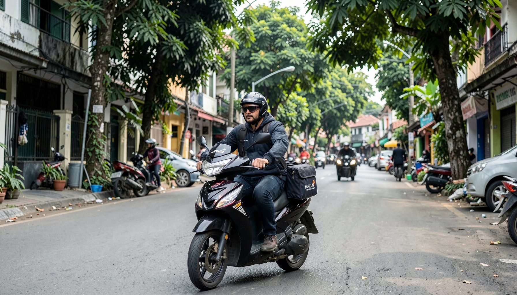 A Siklus delivery rider on a scooter with a branded thermal bag, navigating a leafy Jakarta residential street.