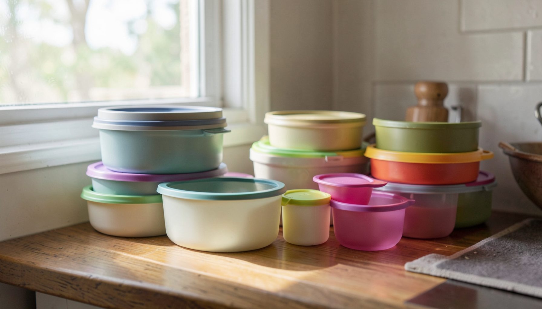 Assorted reusable containers of different sizes on a kitchen shelf, with natural light streaming through a nearby window