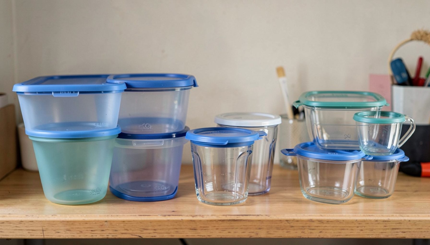 An array of reusable Siklus containers in different sizes, made of durable plastic and glass, arranged on a wooden shelf.