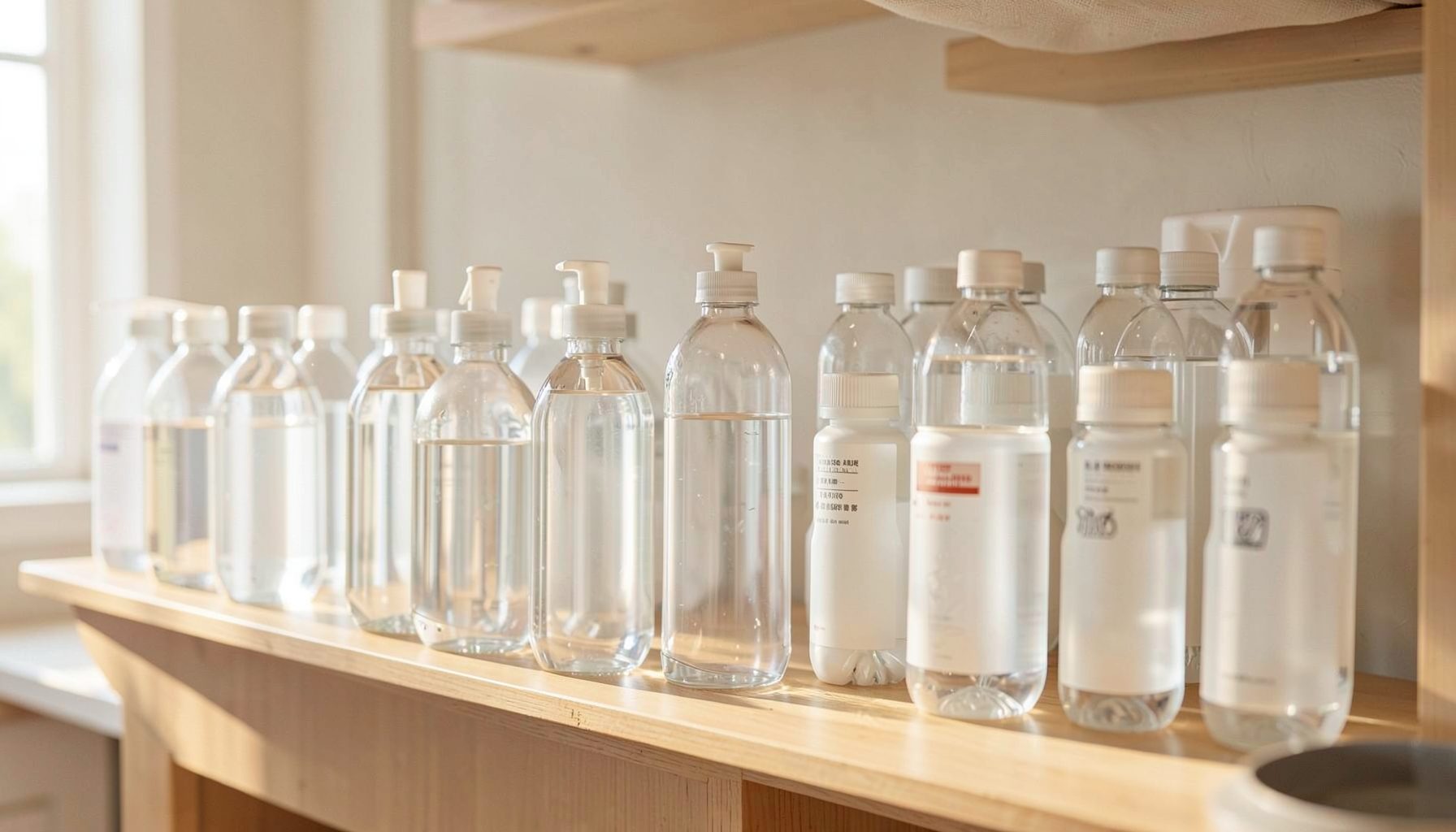 Rows of clear reusable bottles and dispensers on wooden shelves in a bright, airy refill station, with warm natural light and soft neutral tones